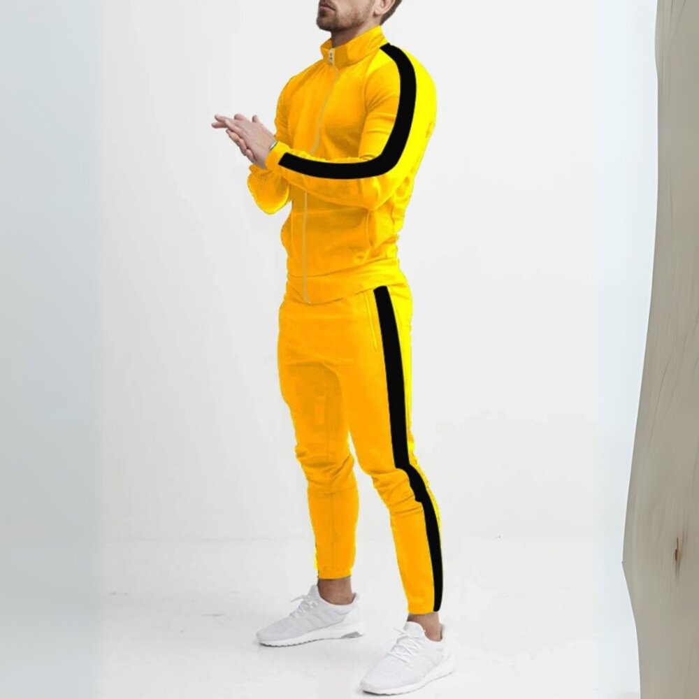 Men's Yellow & Black Side Stripe Zip Up Top & Pants Athletic Outfit